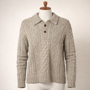 VTG Thane Cable Knit Collared Sweater Chunky 3D Pullover Tan Fisherman sz Large